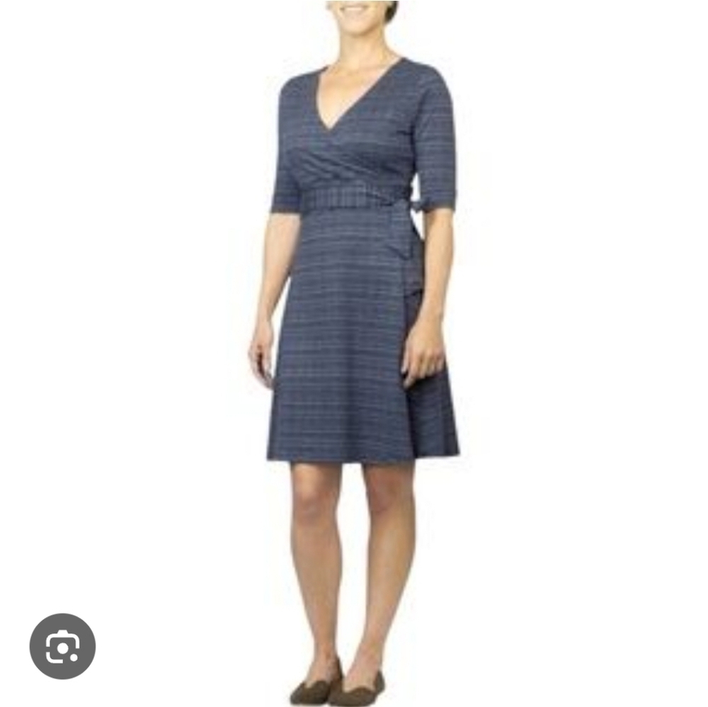 Toad&Co. Cue Faux Wrap Short Sleeve Dress XL Samba Fabric Organic Cotton Navy